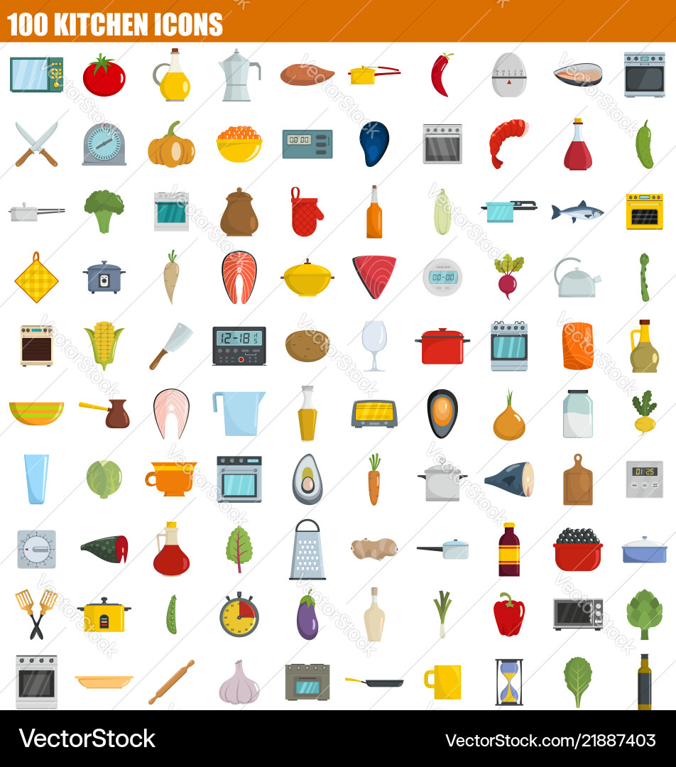 100 kitchen icon set flat style Royalty Free Vector Image