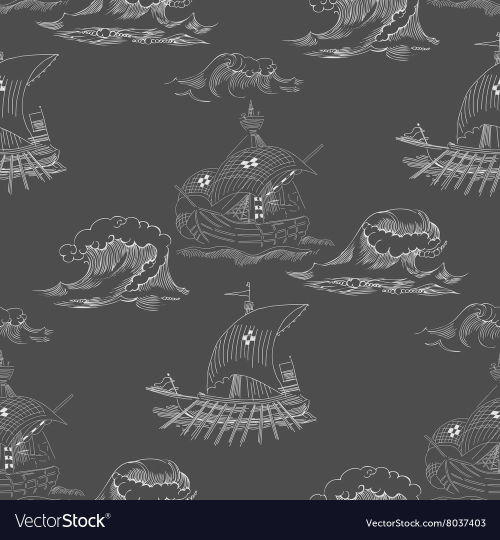 Seamless pattern with waves and ships
