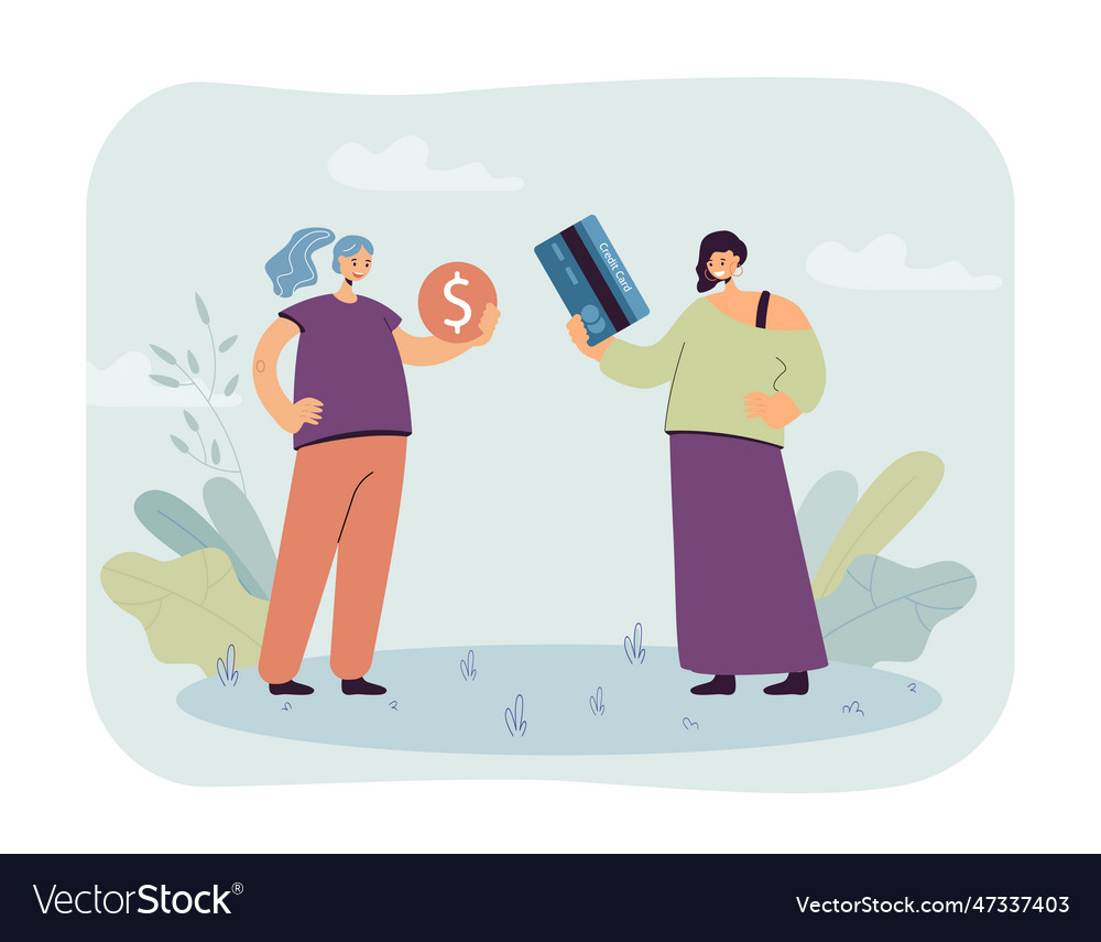 Two cartoon women with coin and credit card