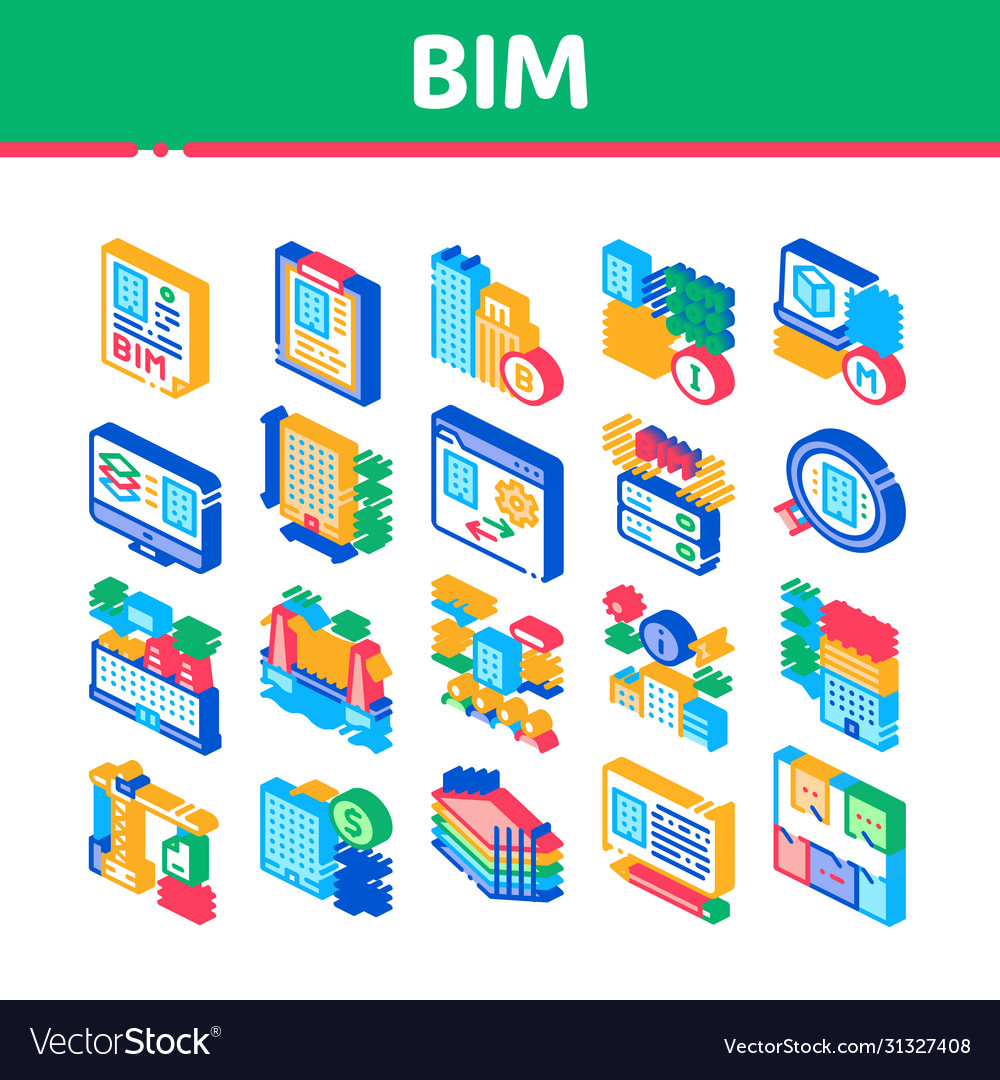 Bim building information modeling isometric icons vector image Bim building information modeling isometric icons