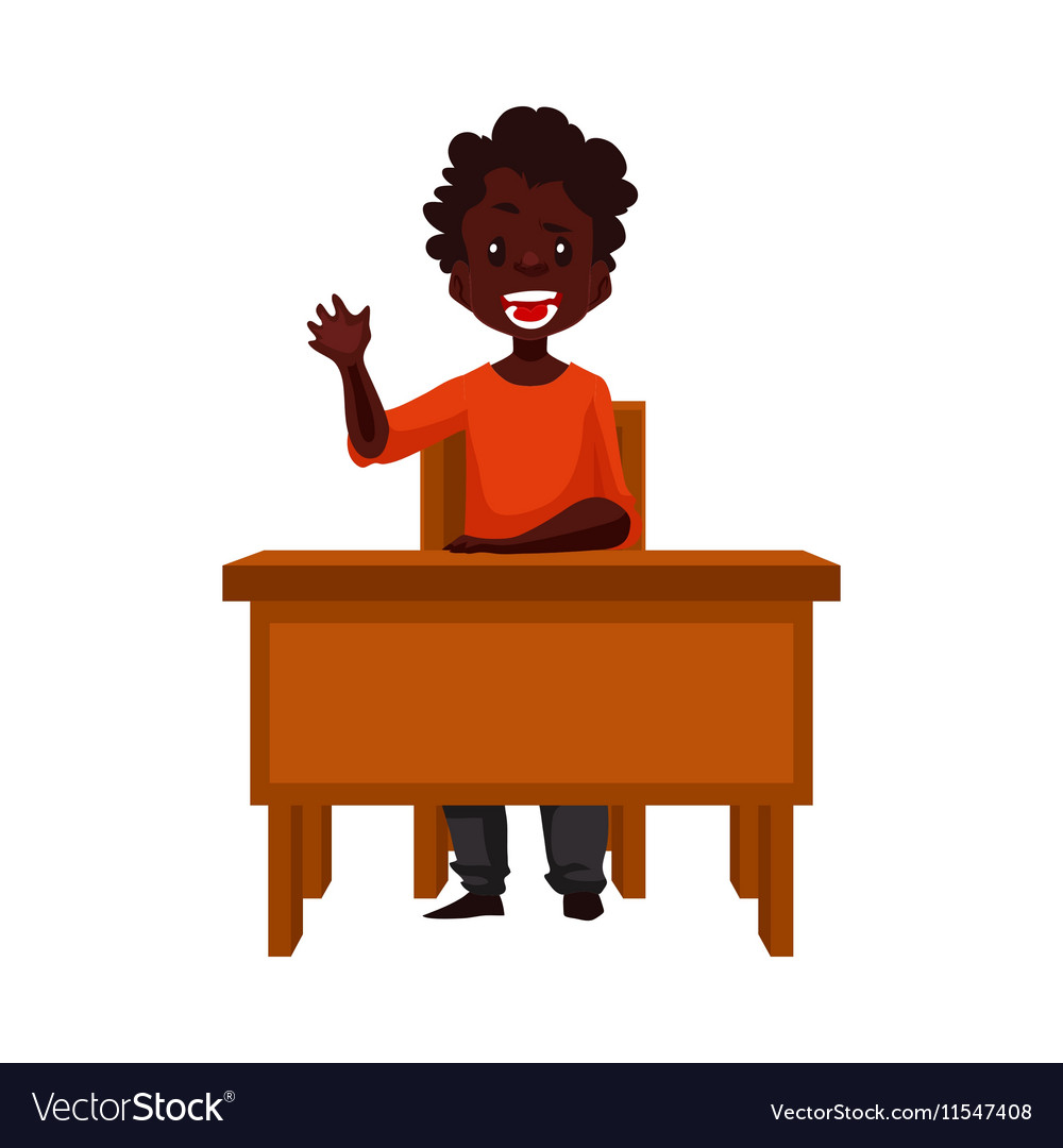 Clever School Boy Sitting At The Desk Holding A Vector Image