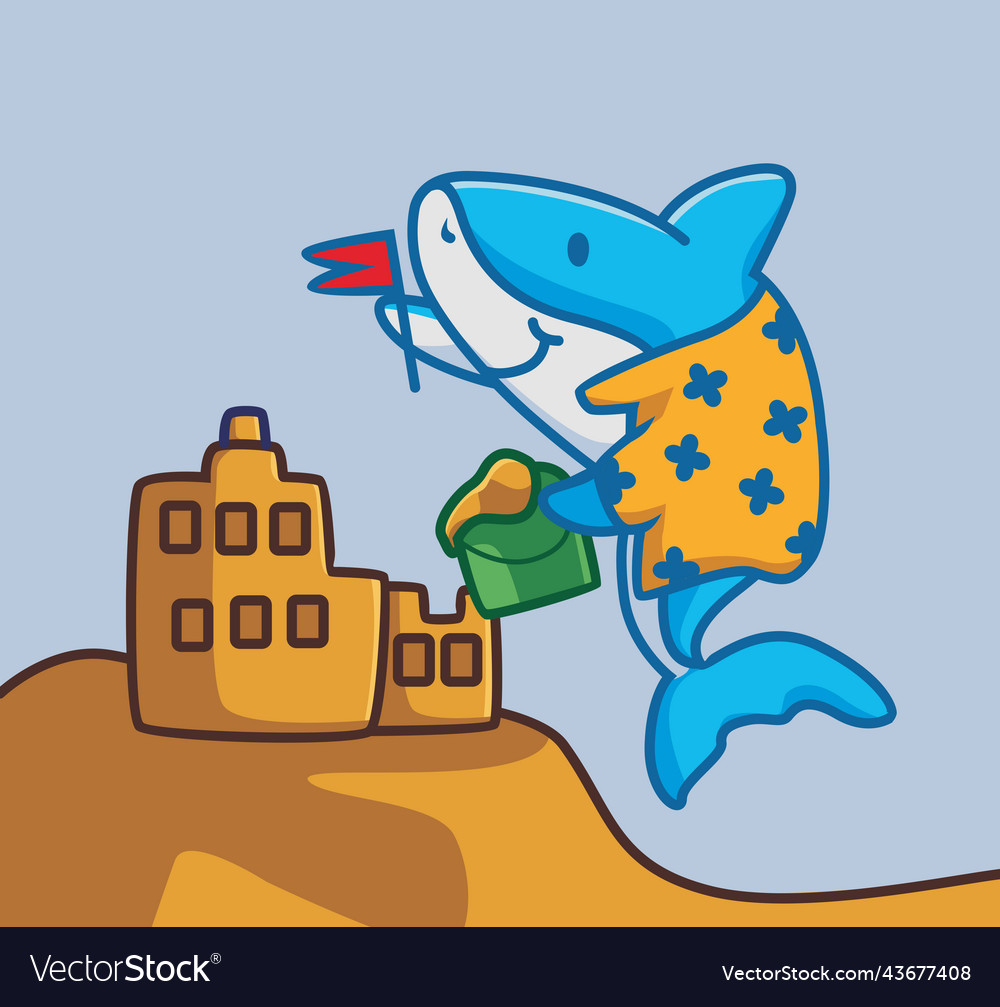 Cute shark on the beach making sandcastle