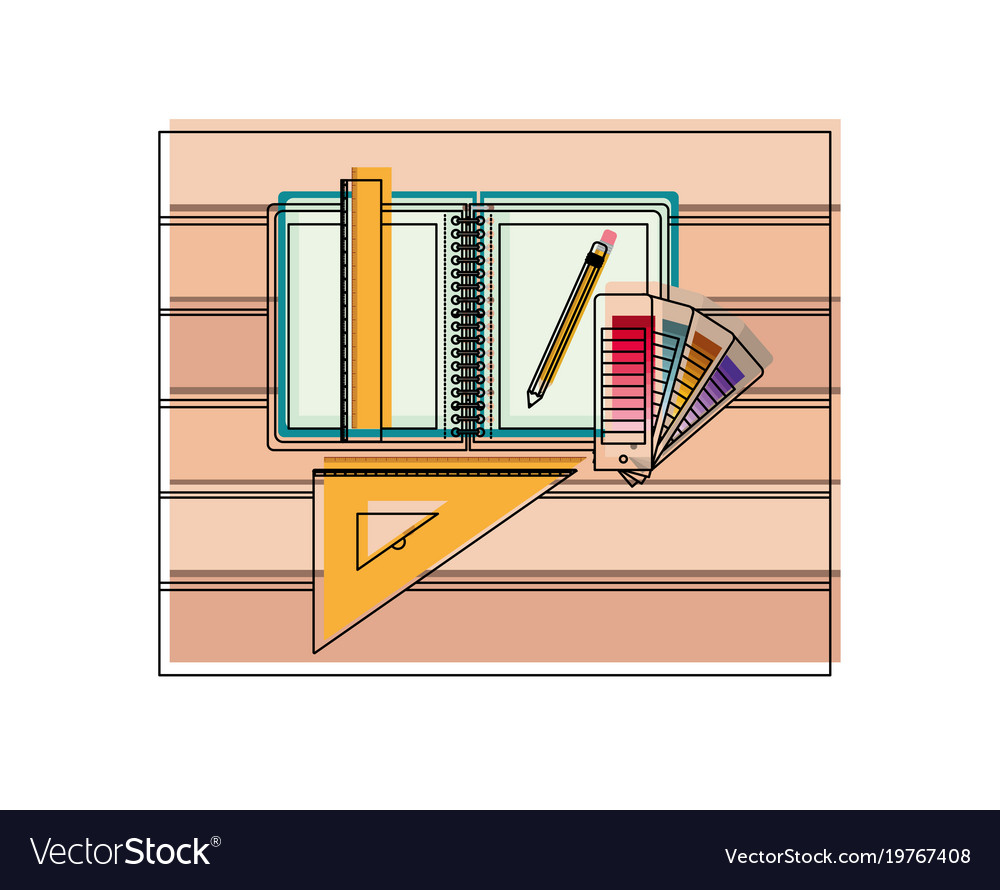Drawing tools and notebook over table top view