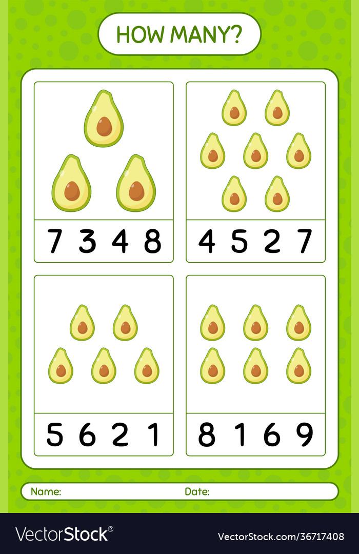 How many counting game with avocado worksheet vector image How many counting game with avocado worksheet