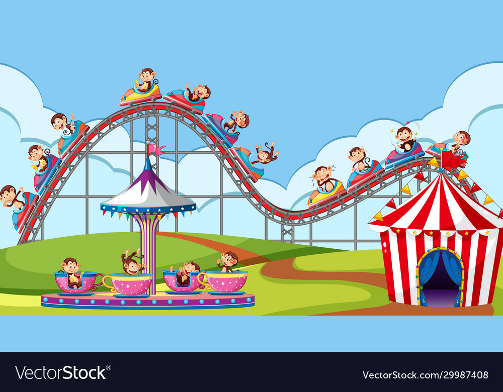 Scene with monkeys riding on roller coaster and Vector Image