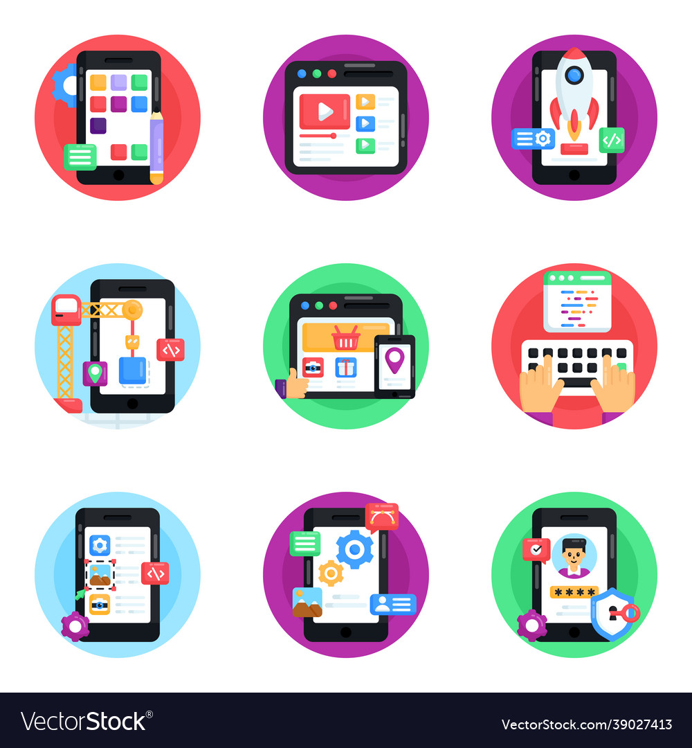Flat round icons of ui and ux