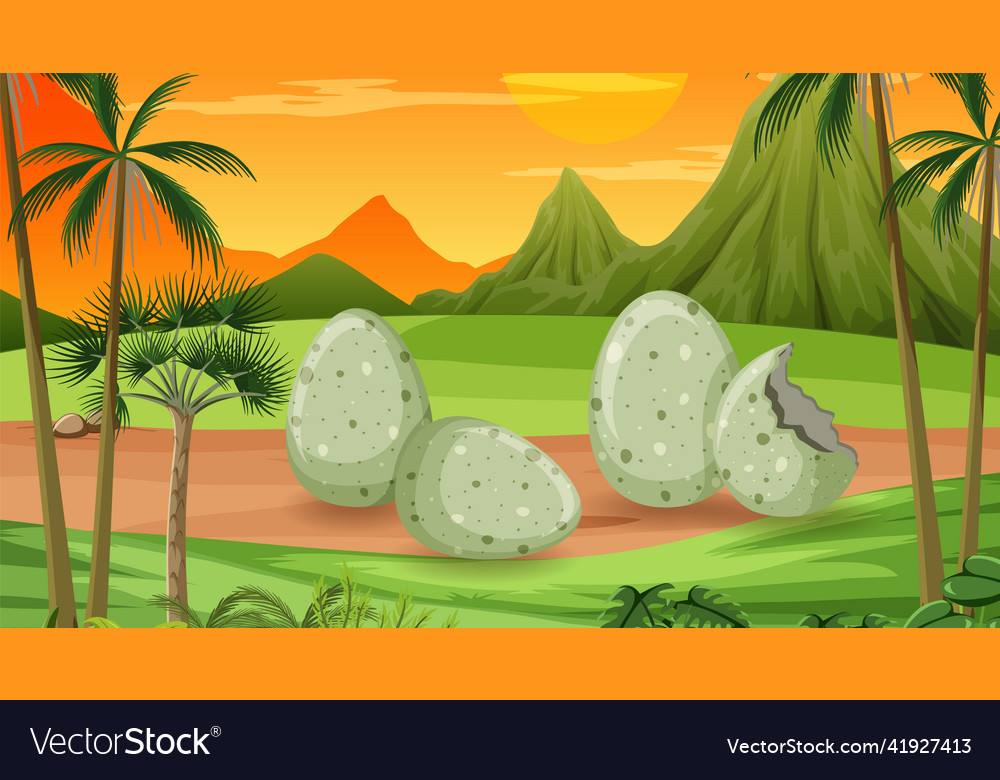 Scene with dinosaur eggs in the field