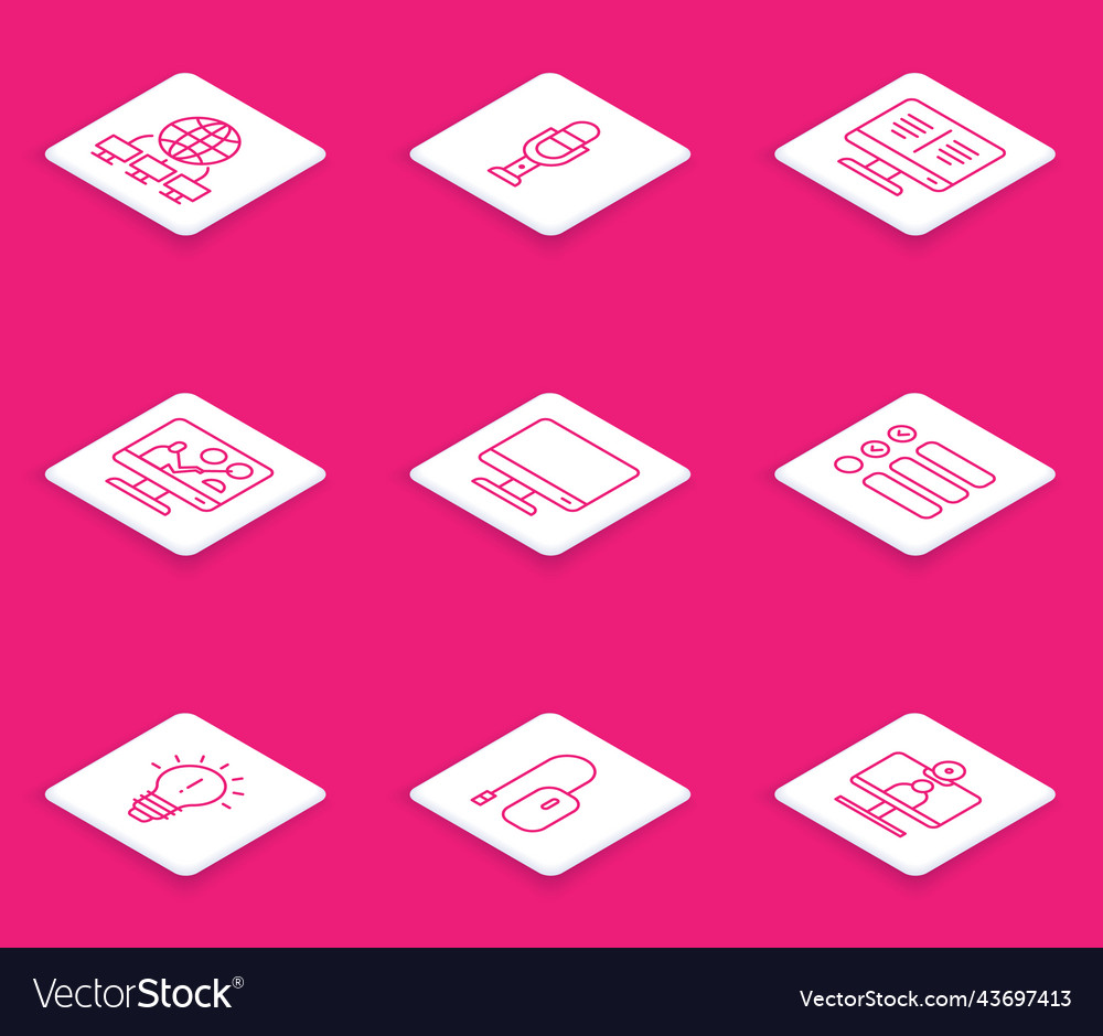 Set line computer network microphone online book vector image Set line computer network microphone online book