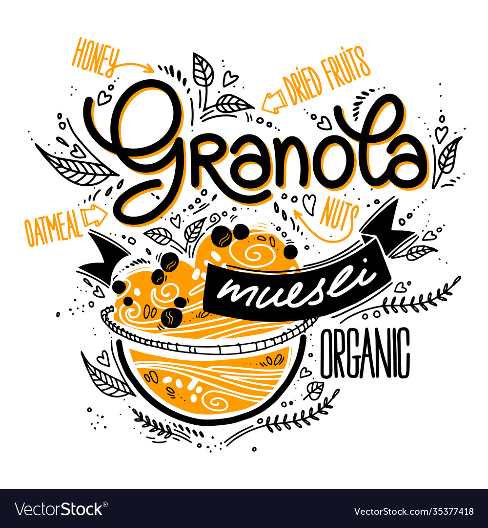 Granola in a bowl doodle style with lettering