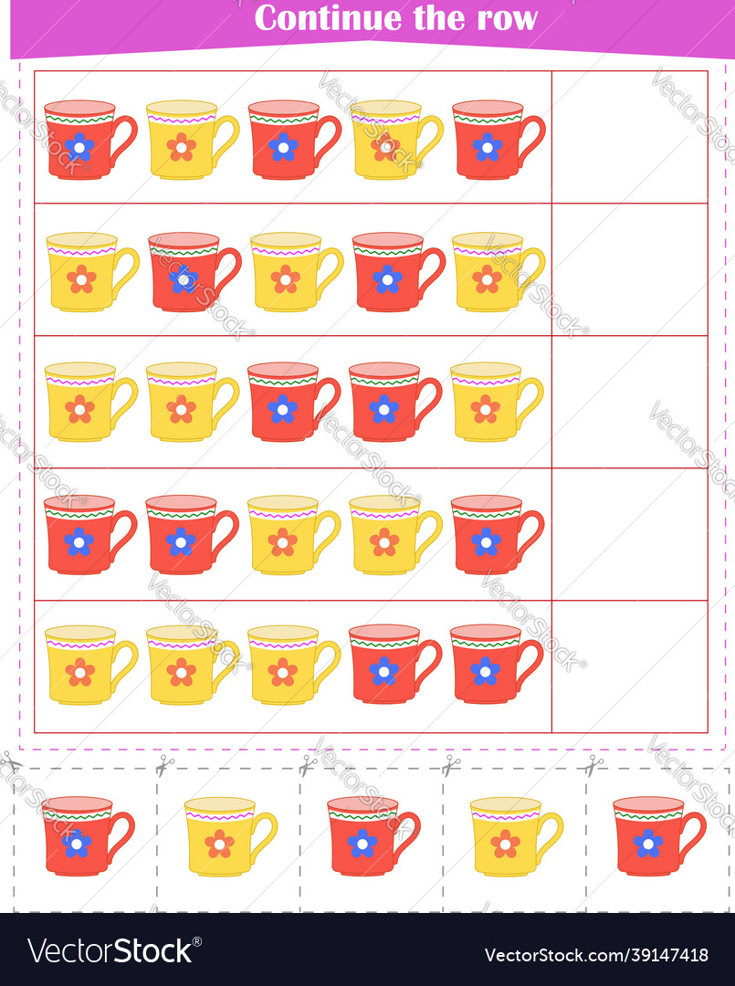 Logic game for children continue the rows of mug