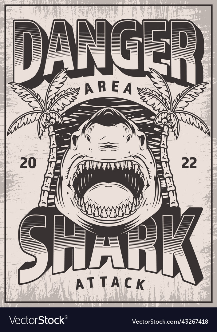 Shark Danger Monochrome Posterer Vintage Vector Image