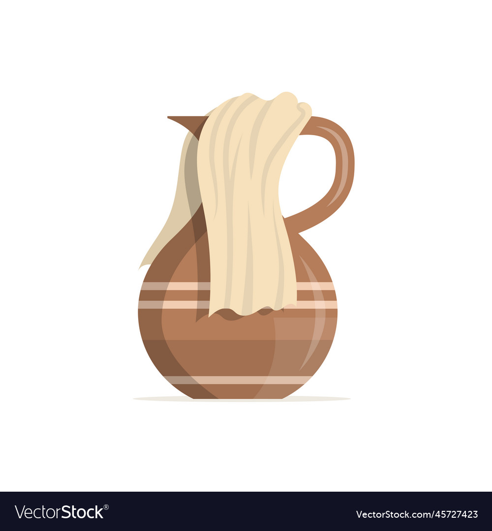 Old clay jug with handle and a towel rustic
