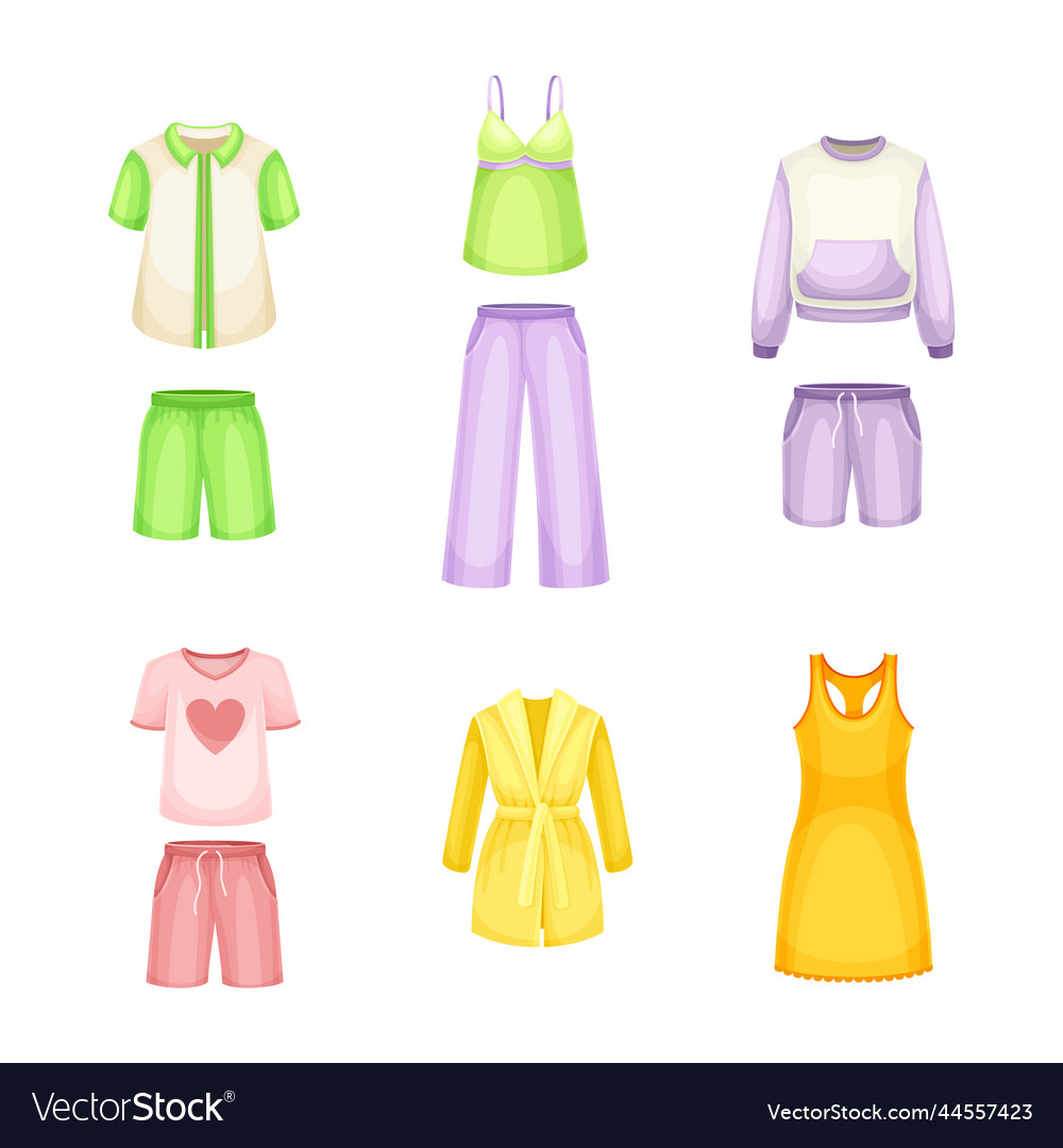 Set aus Pyjamas Damen Schlafbekleidung Baumwolltextil vector image Set aus Pyjamas Damen Schlafbekleidung Baumwolltextil