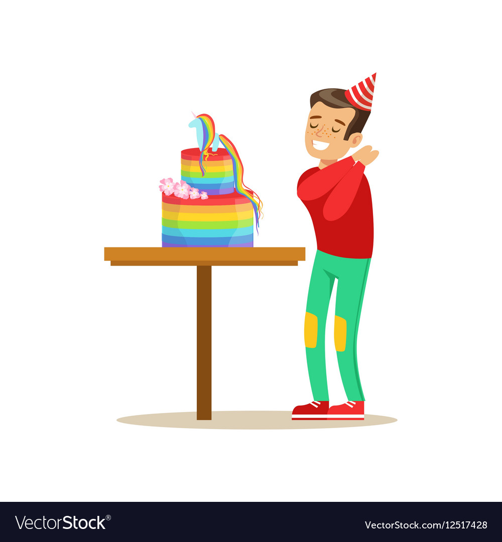 Boy Enjoying Rainbow Cake Kids Birthday Party Vector Image