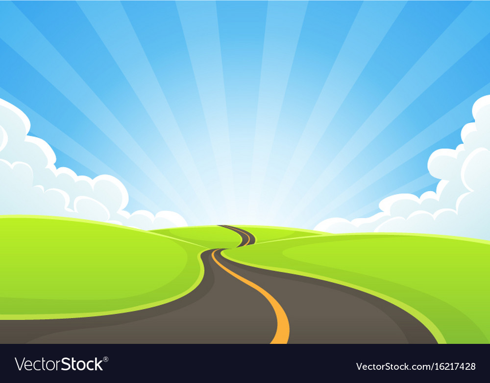 Country road snaking with blue sky and sunbeams Vector Image