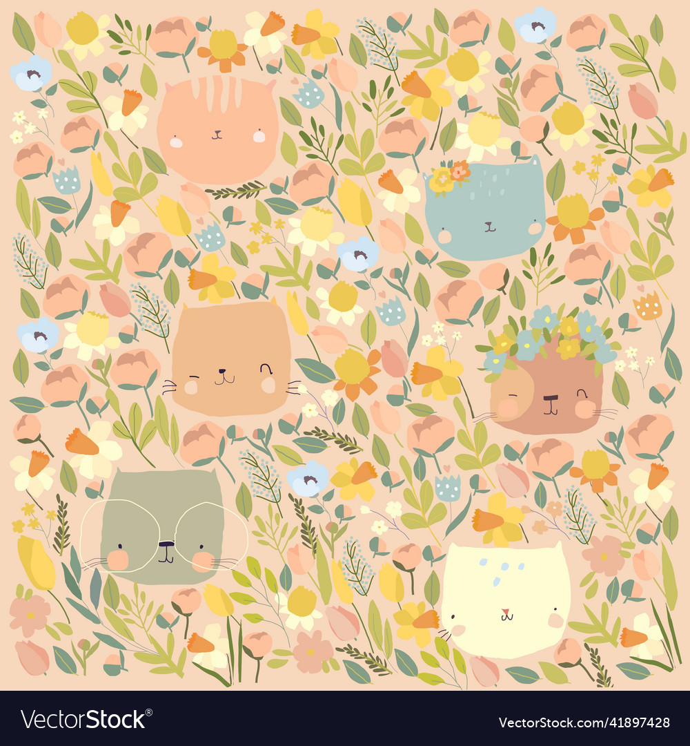 Cute cartoon cats heads with spring flowers Vector Image