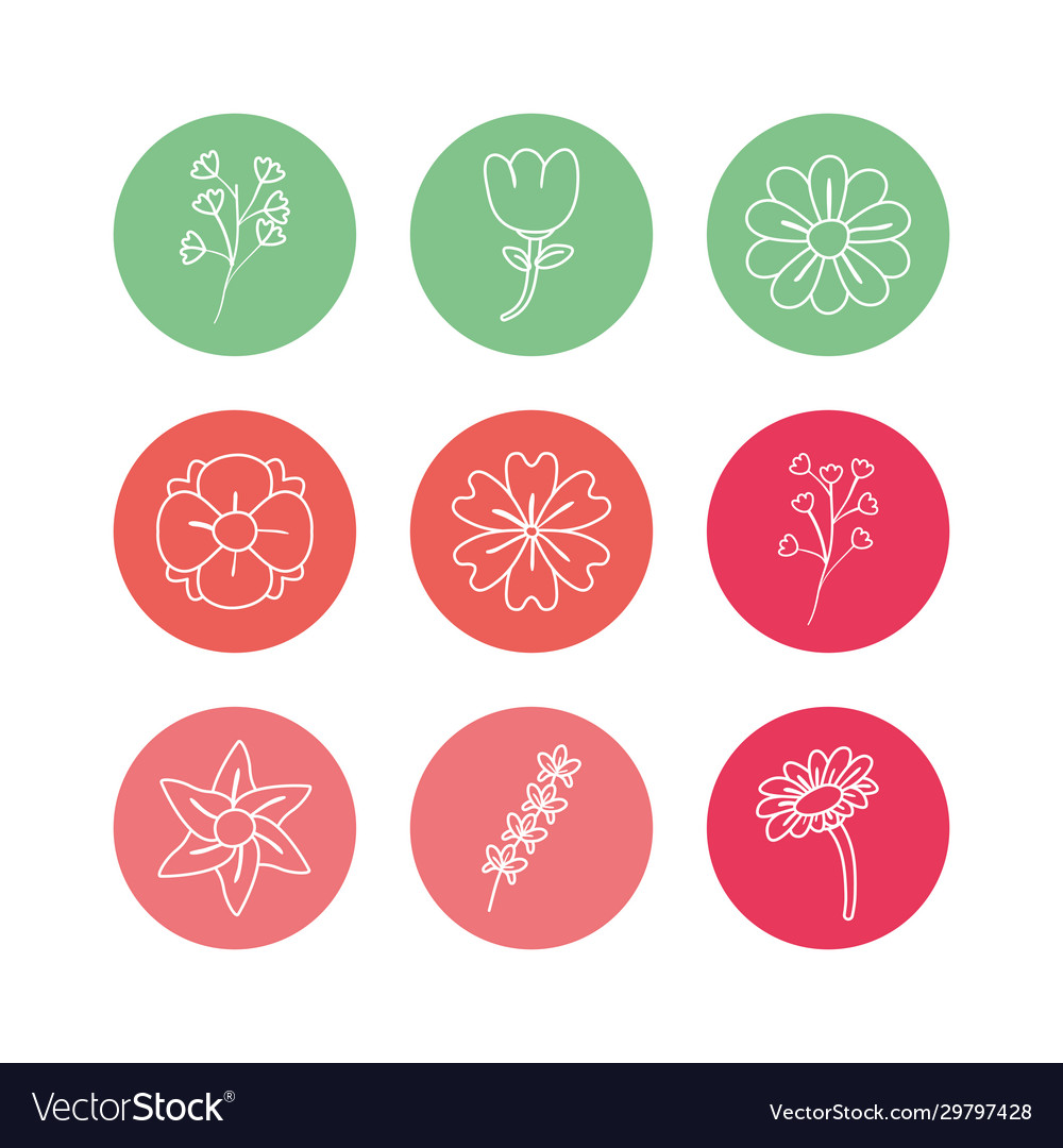 Flowers inside circles line block style icon set