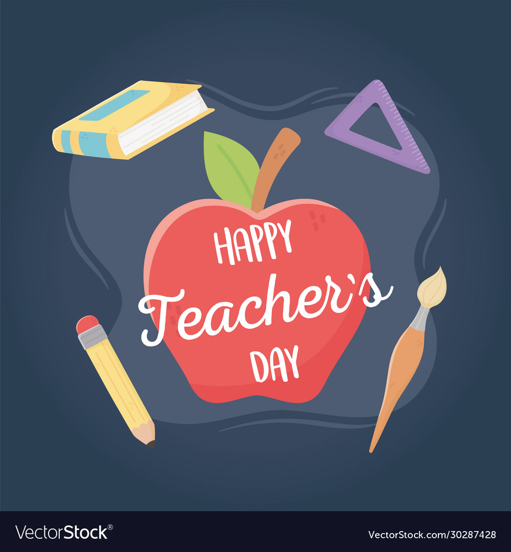 Happy teachers day school apple ruler pencil book Vector Image