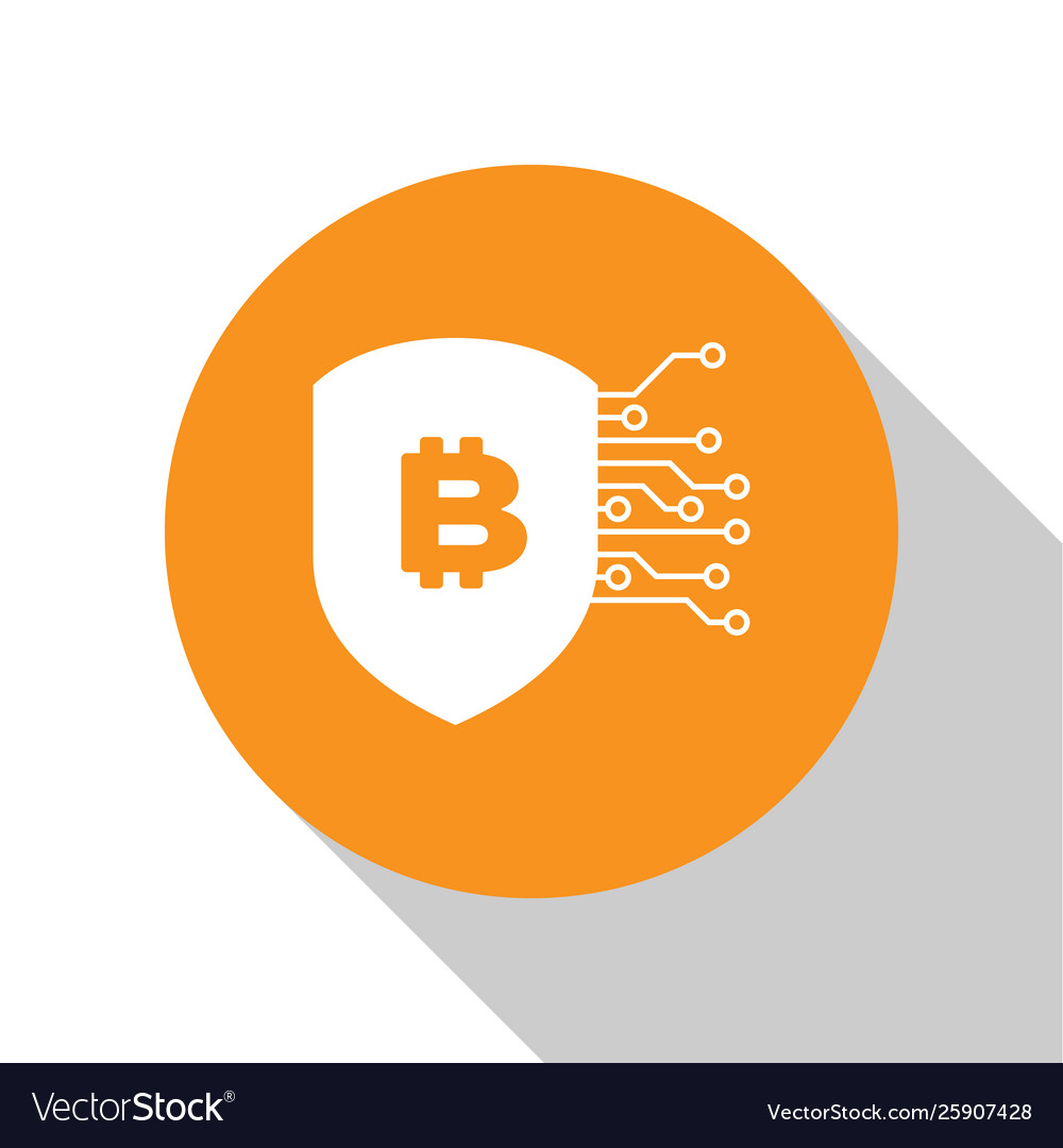 White shield with bitcoin icon on background