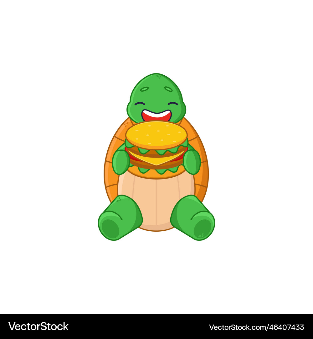 Happy turtle cartoon character eating hamburger Vector Image