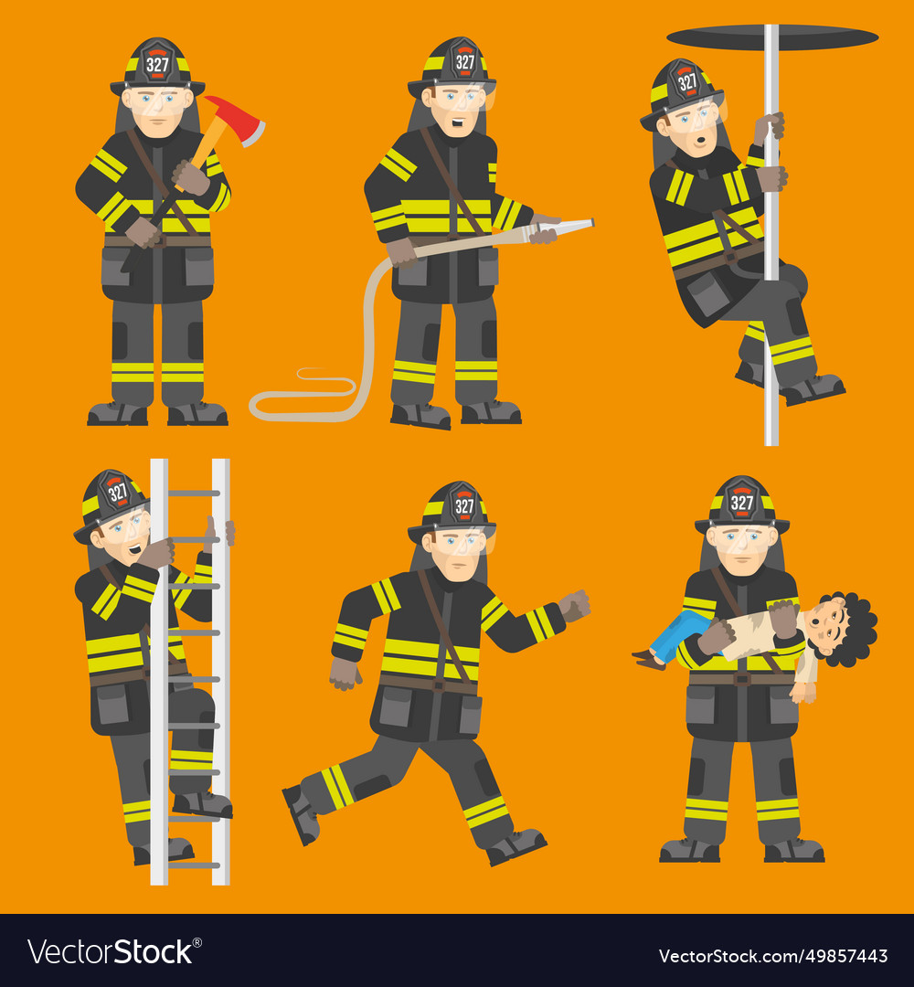 Fireman in action 6 figures set Vector Image Fireman in action 6 figures set