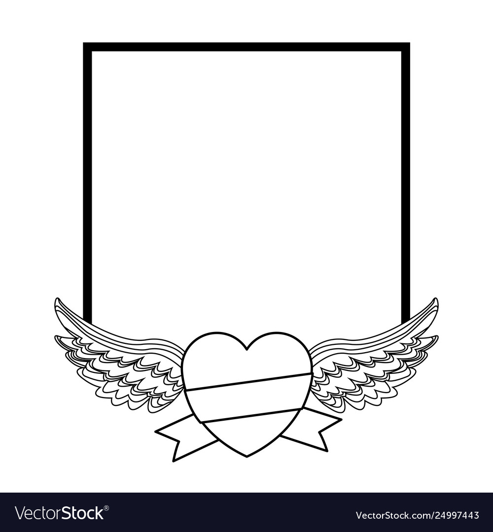 Rahmen und Herz mit Flügeln in schwarz weiß vector image Rahmen und Herz mit Flügeln in schwarz weiß