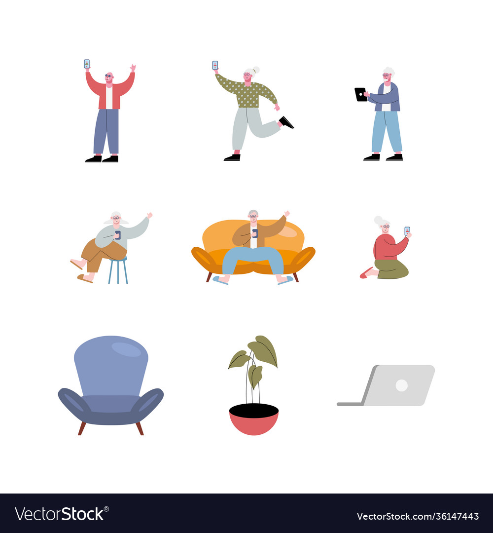 Old people using technology characters and set vector image Old people using technology characters and set