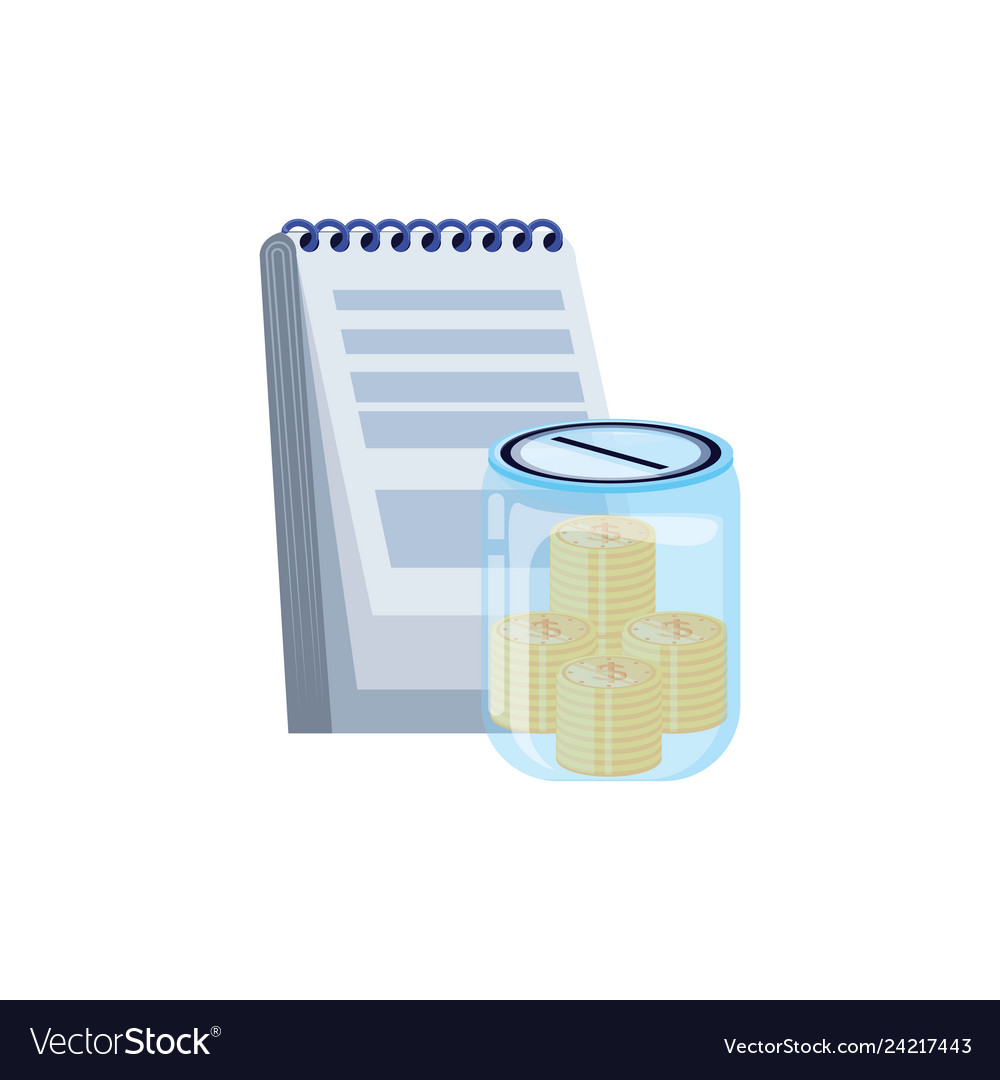 Saving jar with money coins and notepad