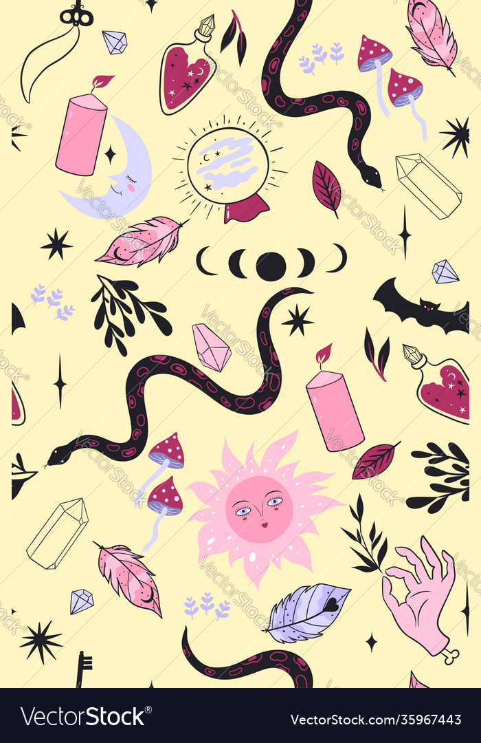 Seamless occult pattern with magic items vector image Seamless occult pattern with magic items