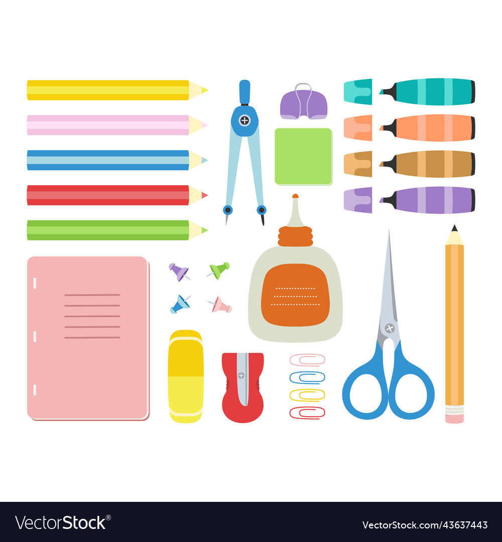 Set of office stationery isolated on white flat Vector Image