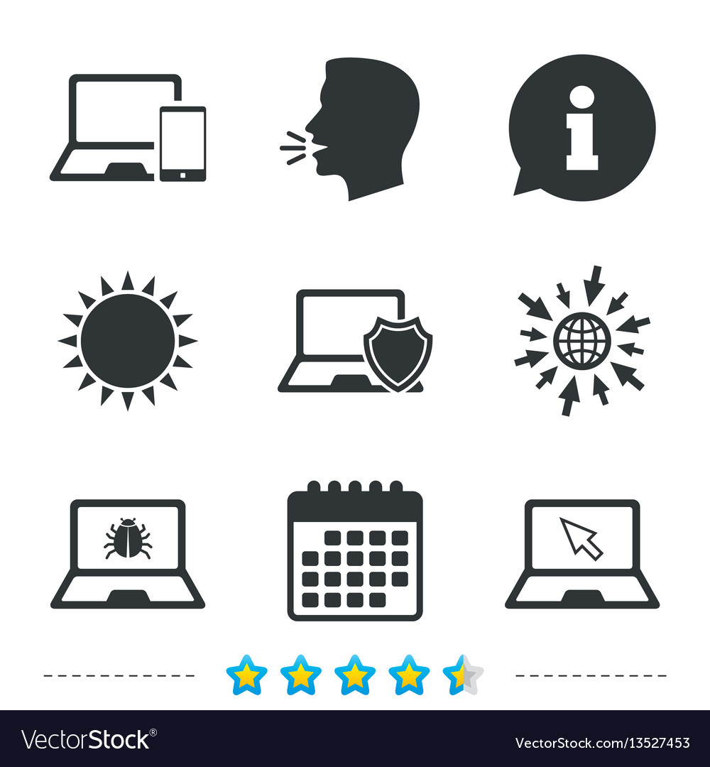 Notebook laptop pc icons virus or software bug vector image Notebook laptop pc icons virus or software bug