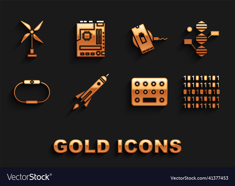 Set rocket ship with fire dna symbol binary code vector image Set rocket ship with fire dna symbol binary code