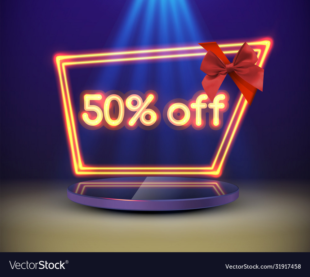 Bright neon sale sign on round pedestal vector image Bright neon sale sign on round pedestal