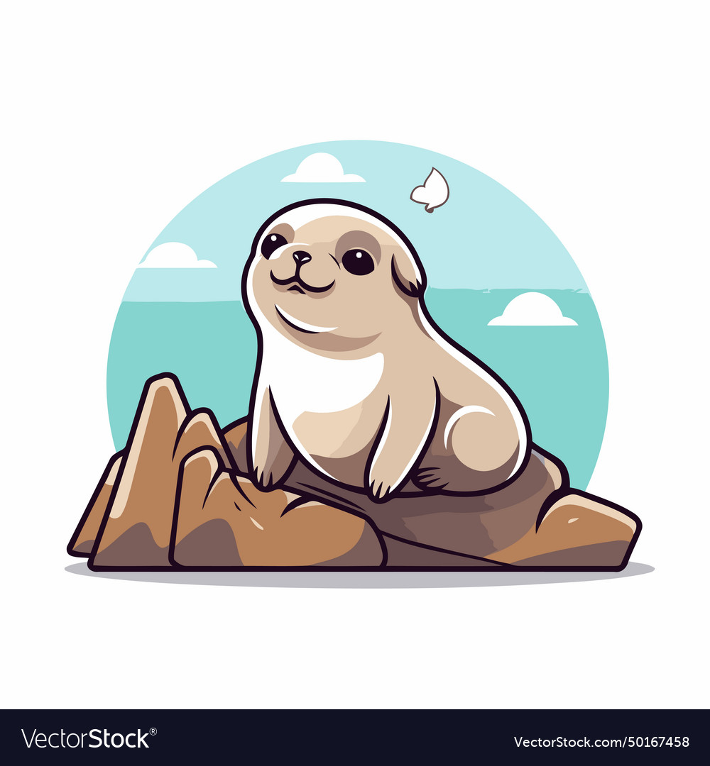 Cute seal sitting on a rock in cartoon style