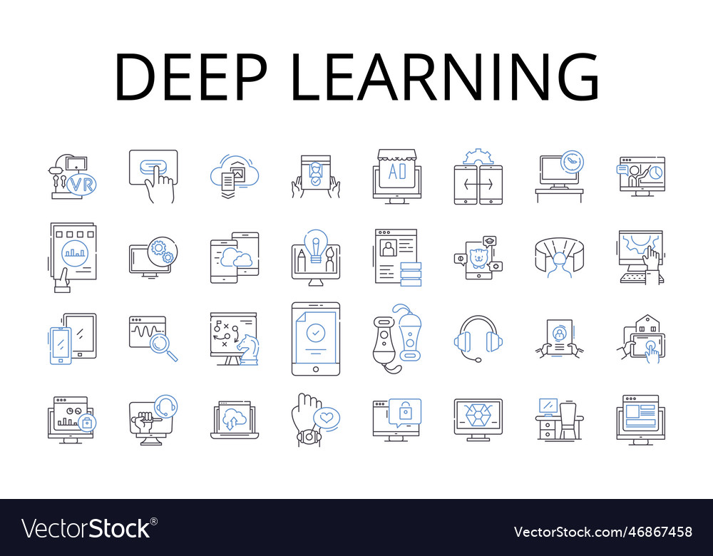 Deep learning line icons collection artificial vector image Deep learning line icons collection artificial