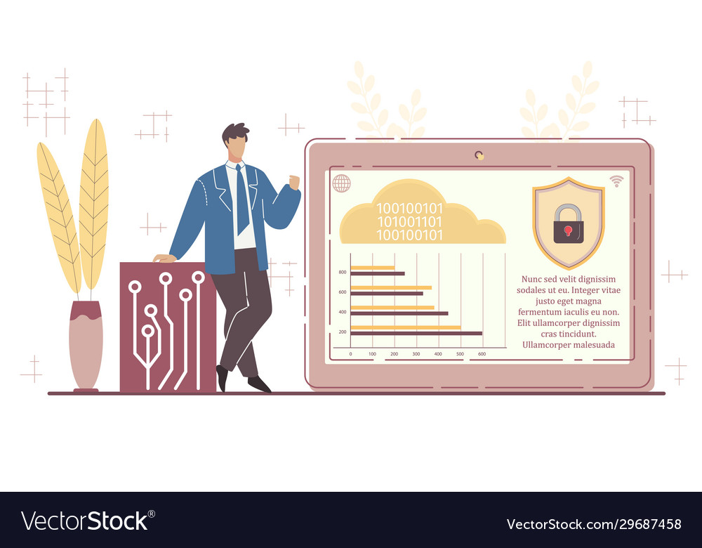 Man presenting new secure cloud storage service vector image Man presenting new secure cloud storage service