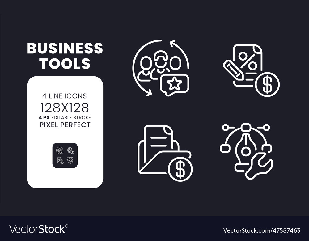 Business tools white linear desktop icons on black vector image Business tools white linear desktop icons on black