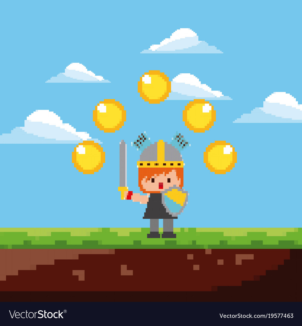 Pixel game knight character gold coins