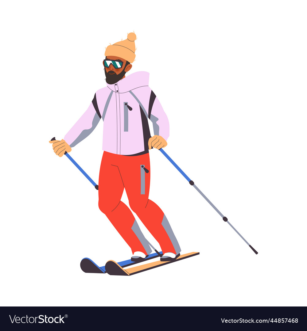 Bearded man character skiing at mountain ski Vector Image