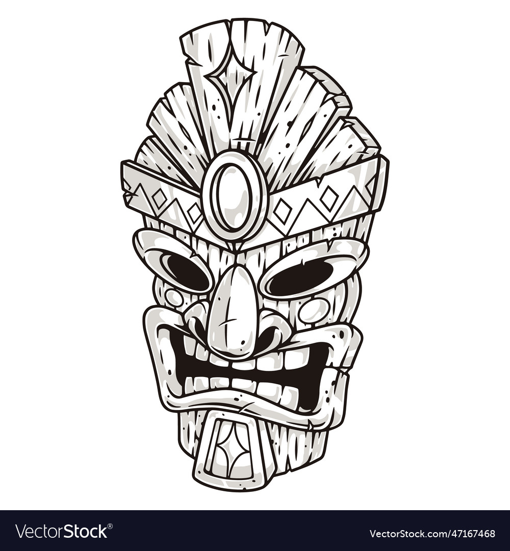 Polynesian tiki mask label monochrome Royalty Free Vector