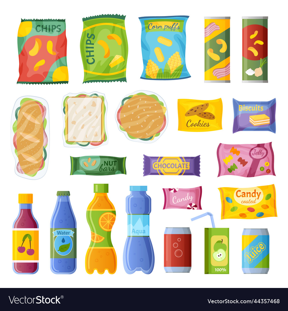 Snack set candy and chips drink packet package Vector Image