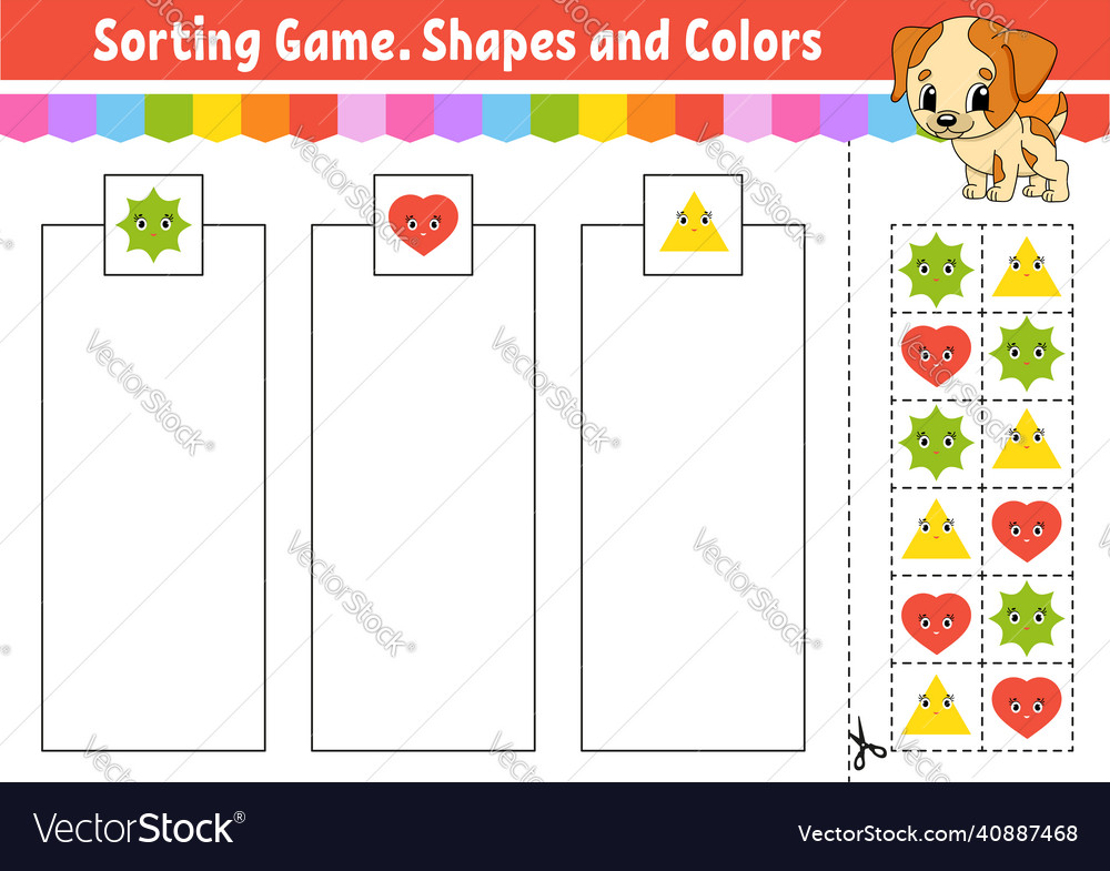 Sorting game shapes and colors cut glue vector image Sorting game shapes and colors cut glue