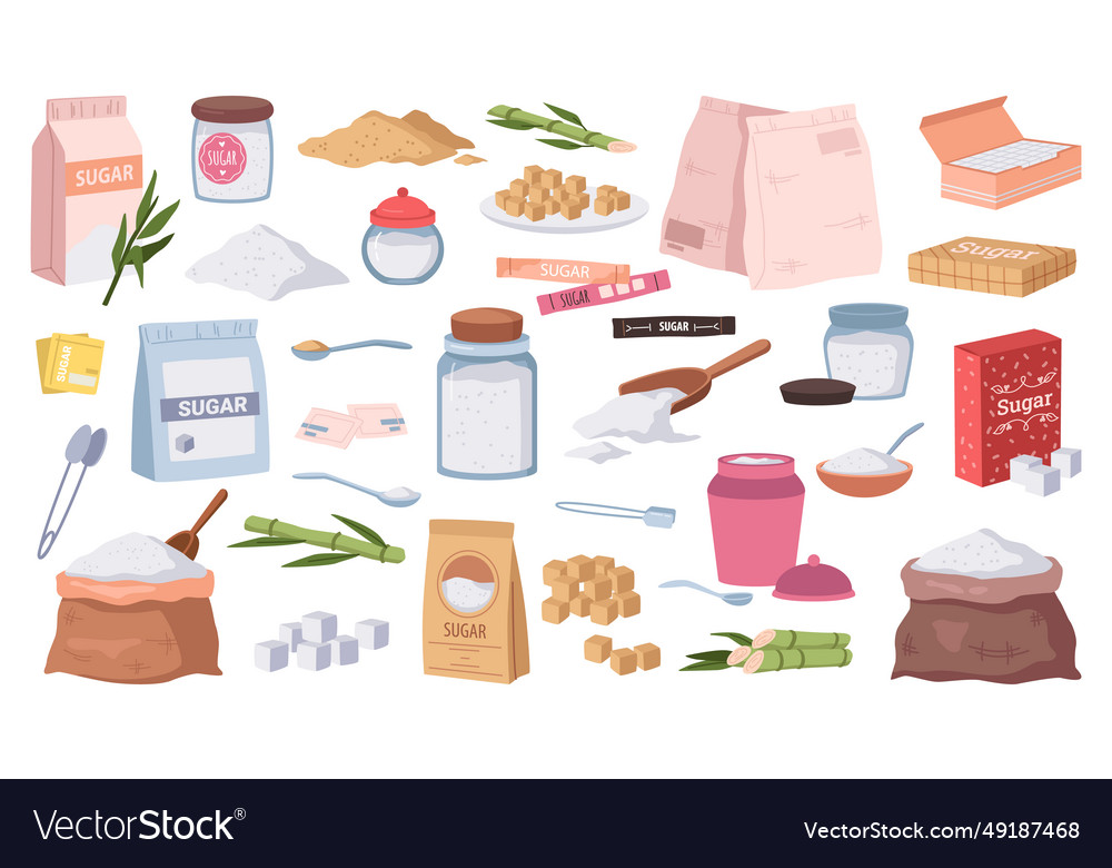 Sugar packets granulated and powder sugary cubes Vector Image