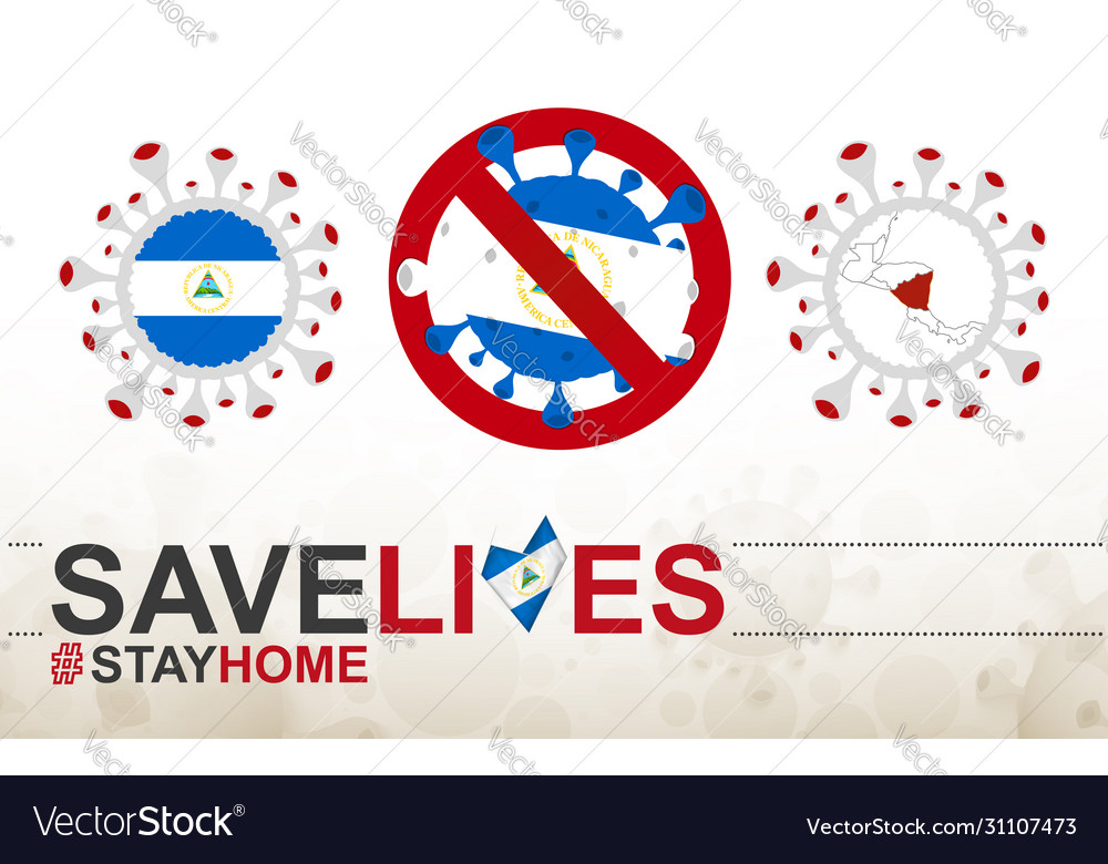 Coronavirus cell with nicaragua flag and map stop