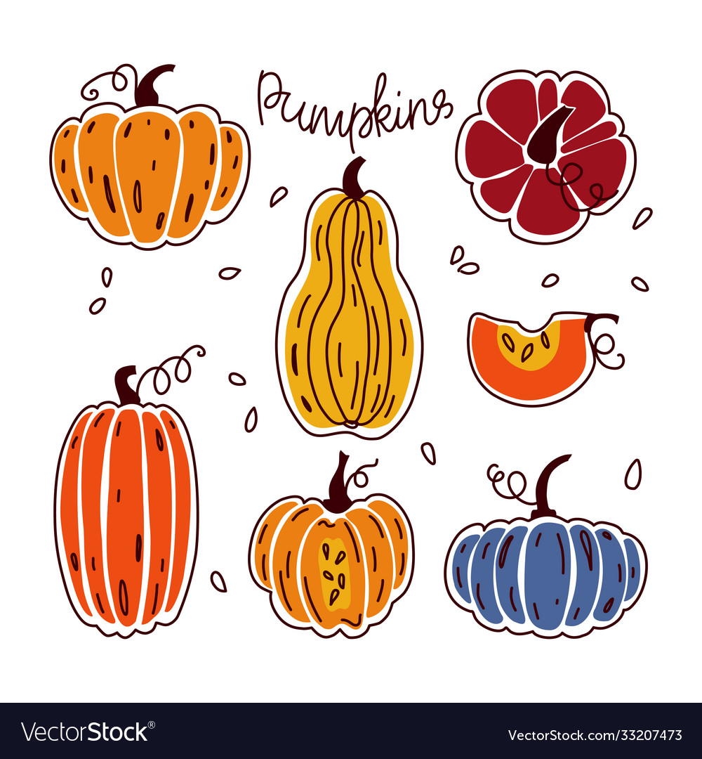 Doodle pumpkin set hygge isolated background