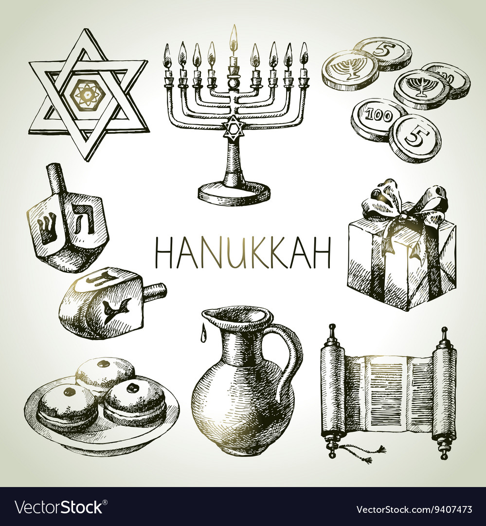 Hand drawn sketch hanukkah elements set israel Vector Image