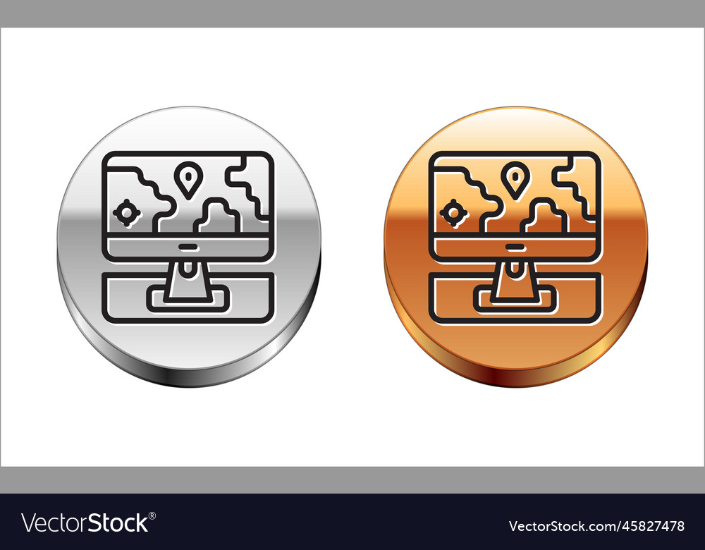 Black line computer monitor and folded map vector image Black line computer monitor and folded map