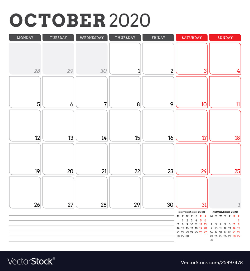 Calendar planner for october 2020 week starts on Vector Image