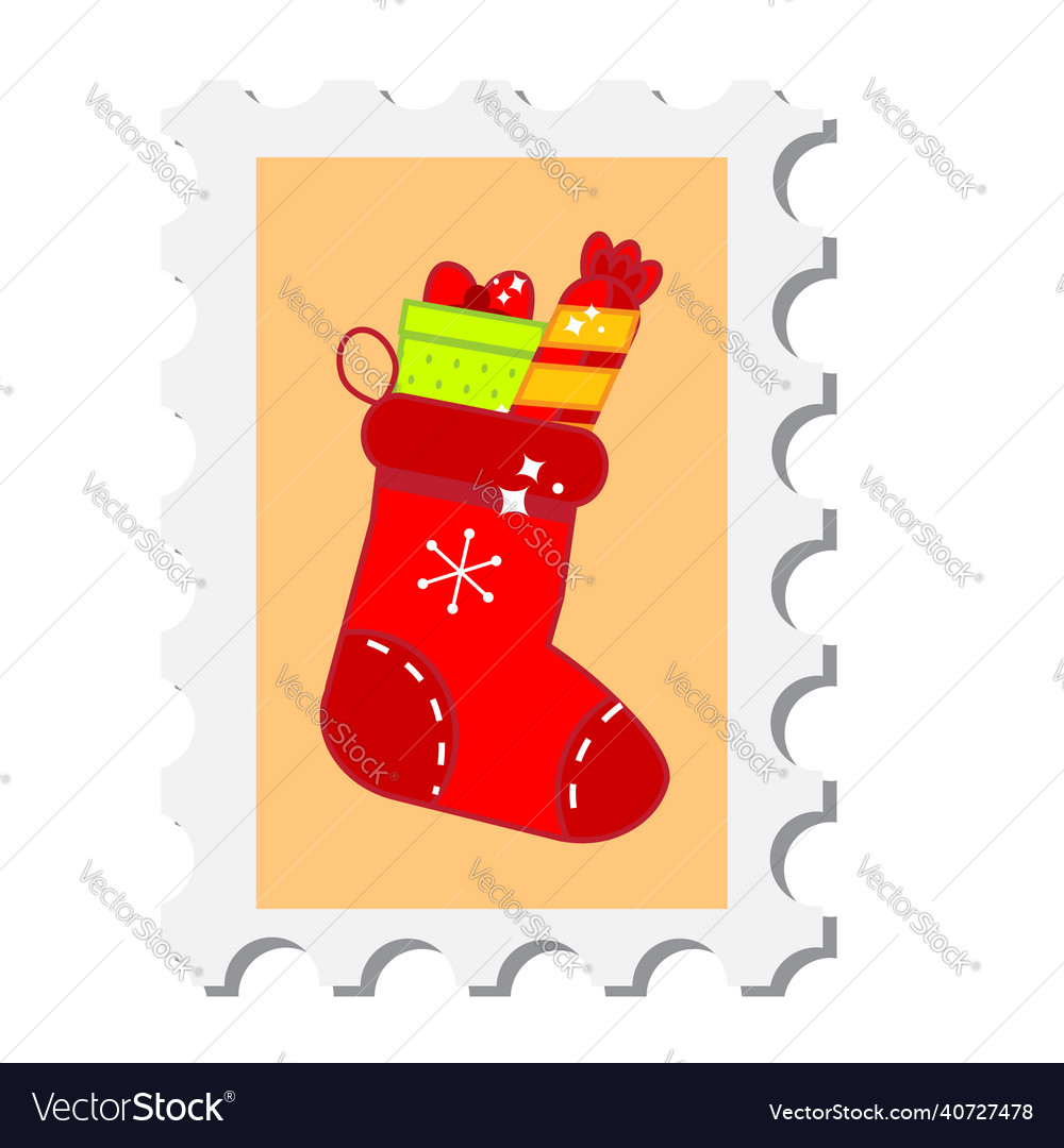 Christmas postal stamp with gift stocking new Vector Image