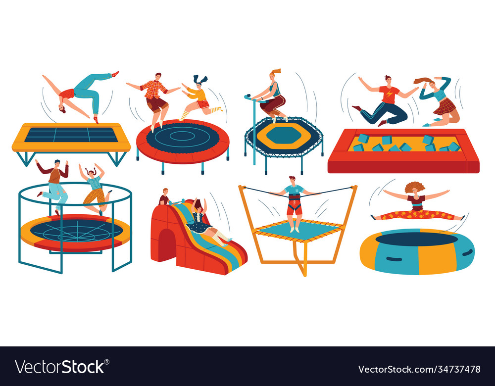 People jumping trampolines set isolated Royalty Free Vector